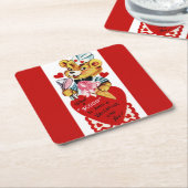 レトロバレンタインベアとアイスクリーム スクエアペーパーコースター (アングル)