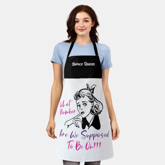 レトロバンおもしろいコクイーンモノグラム エプロン (着用した状態)