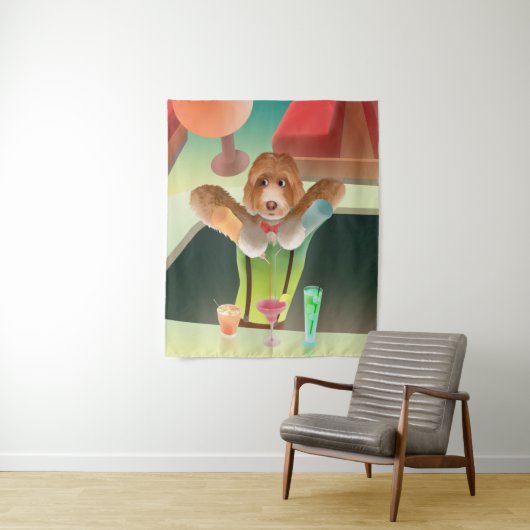 レトロバーでバーテンダーを務める犬 タペストリー (インサイチュ)