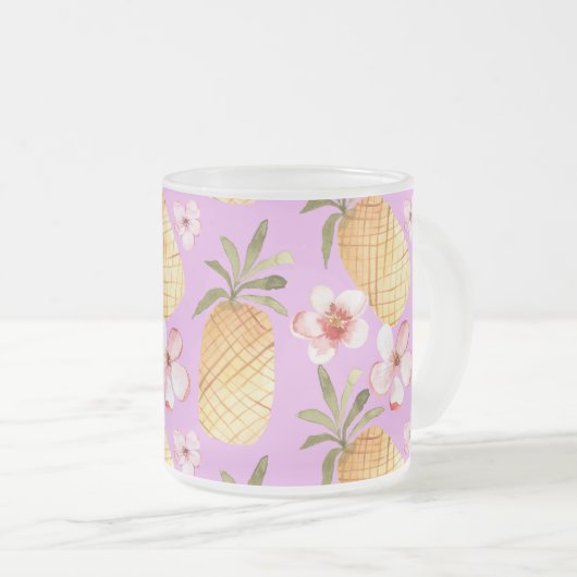レトロパイナップル熱帯プリント薄紫バックグラウンド フロストグラスマグカップ (正面右)