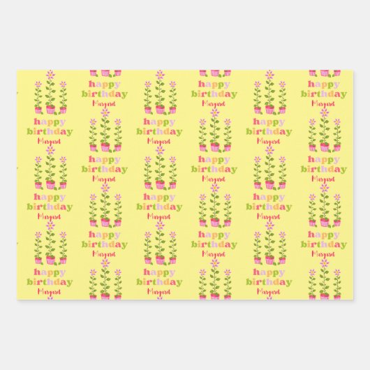 レトロパステルカラフルフローラパーソナライズされた誕生日 ラッピングペーパーシート (正面3)