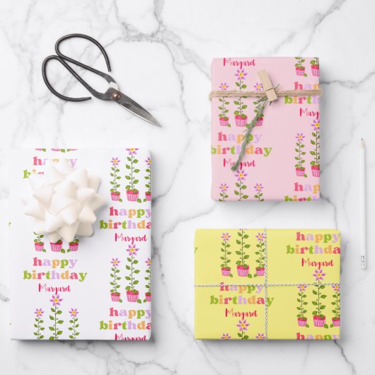 レトロパステルカラフルフローラパーソナライズされた誕生日 ラッピングペーパーシート (正面)