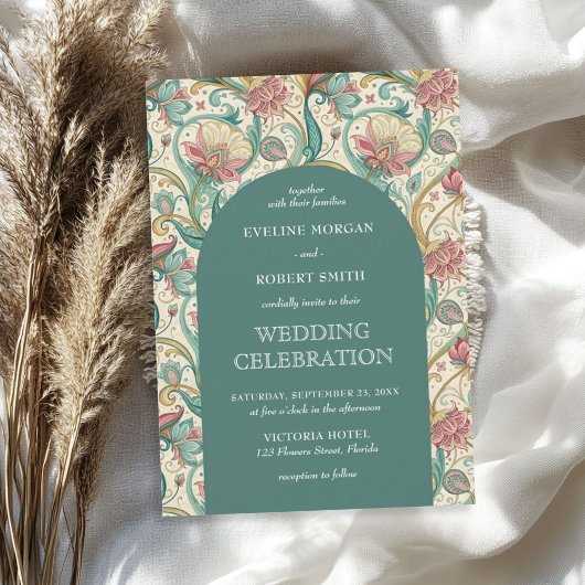 レトロパステルグリーンダスティピンクフローラアールヌーボー 招待状