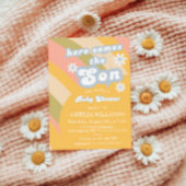 レトロパステルグルーヴィ来ーここで息子ベビーシャワー 招待状