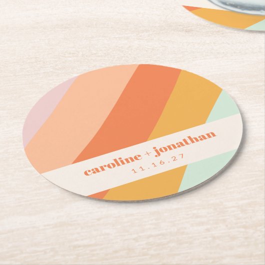 レトロパステルジオメトリックアートカスタムウェディング ラウンドペーパーコースター (アングル)
