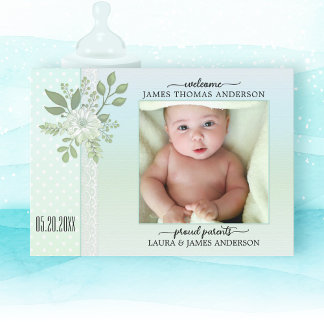 レトロパステルスクリプトベビー写真誕生のお知らせ サンキューカード