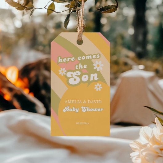 レトロパステルストライプのグルーヴィソンベビーシャワー ギフトタグ