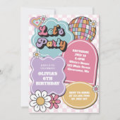 レトロパステルディスコボール及びデイジー誕生日 招待状 (正面)