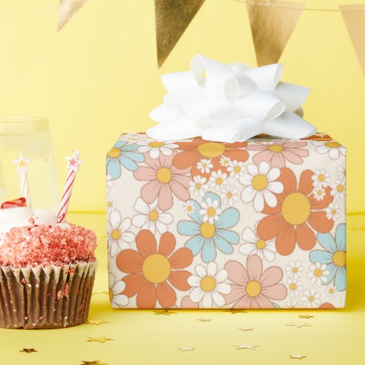 レトロパステルピンクオレンジフローララッピング紙 ラッピングペーパー (誕生日パーティー)