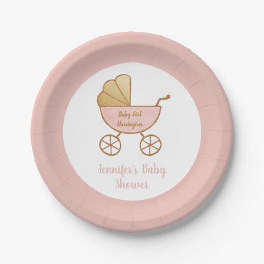 レトロパステルピンクキャリッジベビーガールシャワー ペーパープレート (正面)