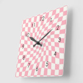 レトロパステルピンクチェックワープ市松模様にドラム スクエア壁時計 (傾斜)