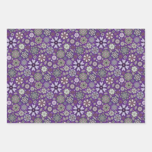 レトロパステルピンクパープルフローラシームレスパターン ラッピングペーパーシート (正面)