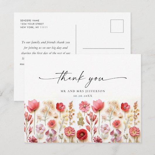 レトロパステルピンクボホワイルドフラワーありがとう ポストカード (正面/裏面)