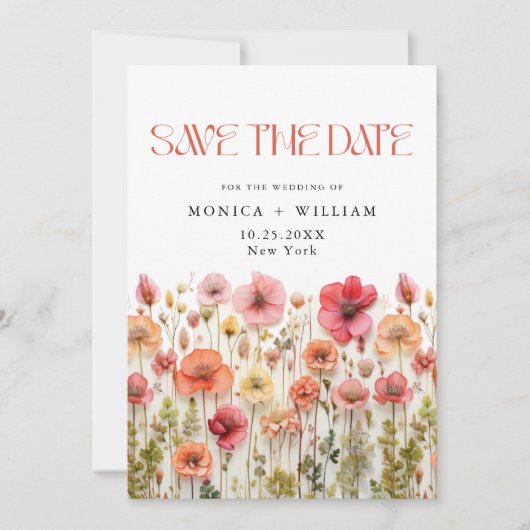 レトロパステルピンクボホワイルドフラワーズ結婚ーズ セーブザデート (正面)