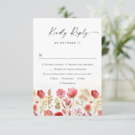 レトロパステルピンクボホワイルドフラワーズ結婚ーズ 出欠カード