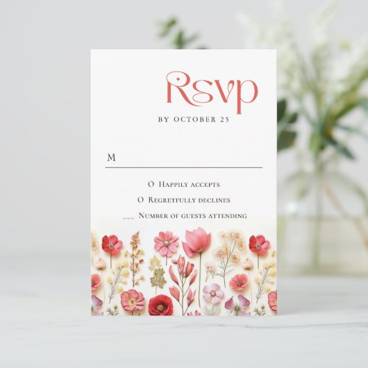 レトロパステルピンクボホワイルドフラワーズ結婚ーズ 出欠カード (スタンド正面)