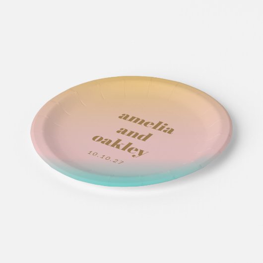 レトロパステルピンクユニークグラデーシ結婚ョンのカスタム ペーパープレート (アングル)