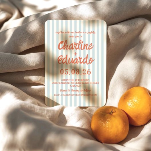 レトロパステルブルーストライプのヴィンモダンテージウェディング 招待状