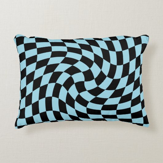 レトロパステルブルーブラックワープチェック市松模様に アクセントクッション (正面)