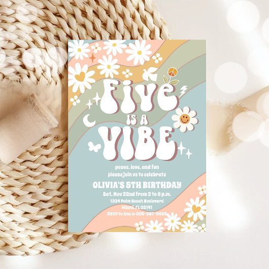 レトロパステル 5歳誕生日招待状 招待状
