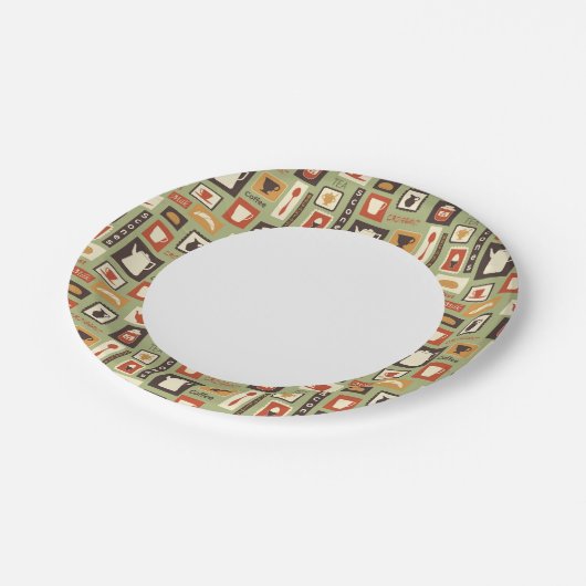 レトロパターンと朝食用の台所料理 ペーパープレート (アングル)