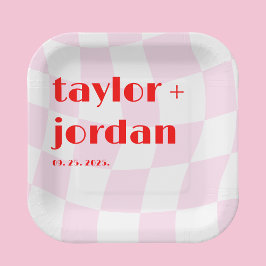 レトロパターンディスコはっきりしたタイポグラフィピンクレッド ペーパープレート