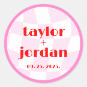 レトロパターン ディスコ ボールド タイポグラフィー ピンク レッド ラウンドシール (正面)