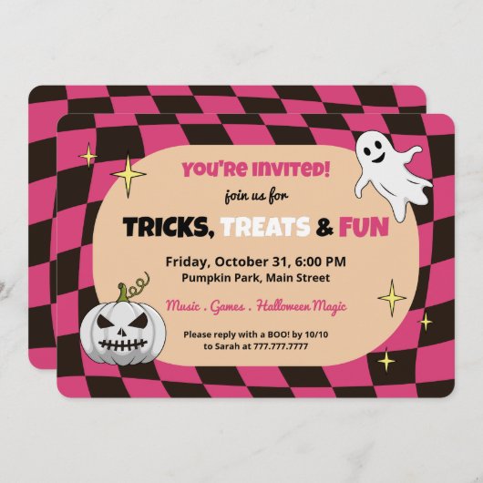 レトロパンプキンハロウィンキッズパーティの招待状 招待状 (正面/裏面)