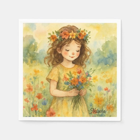 レトロパーソナライズされたウォーター色の牧草地トレンディーアート スタンダードカクテルナプキン (正面)