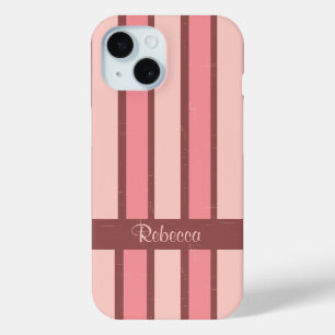 レトロパーソナライズされたキャンディストライプピンクオンブラウン iPhone 15ケース