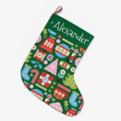 レトロパーソナライズされたクリスマスプレゼントストッキング ラージクリスマスストッキング (正面 (吊り時))