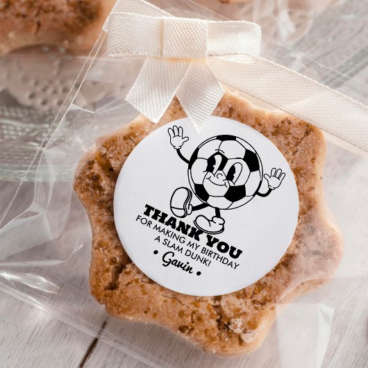 レトロパーソナライズされたサッカー誕生日パーティーありがとうありがとう ラウンドシール