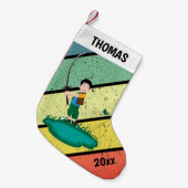 レトロパーソナライズされたサンセットボーイチャイルドベース魚釣り スモールクリスマスストッキング (正面 (吊り時))