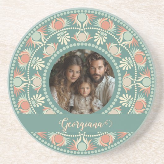 レトロパーソナライズされたセージ&サンドマンダラフォトフレーム コースター (正面)