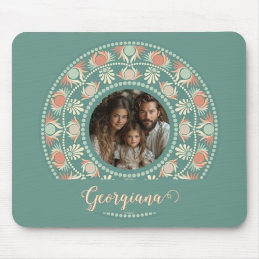 レトロパーソナライズされたセージ&サンドマンダラフォトフレーム マウスパッド (正面)