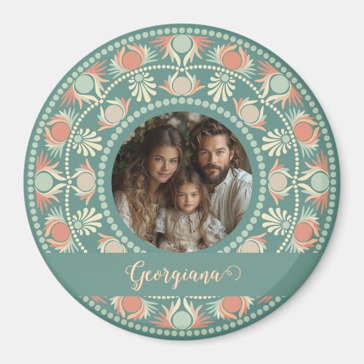 レトロパーソナライズされたセージ&サンドマンダラフォトフレーム マグネット (正面)