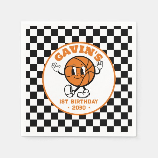 レトロパーソナライズされたバスケットボールバースデーパーティーかわいい スタンダードカクテルナプキン (正面)