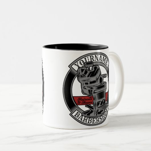 レトロパーソナライズされたバーバーショップ理容師チェアサロン ツートーンマグカップ (正面右)