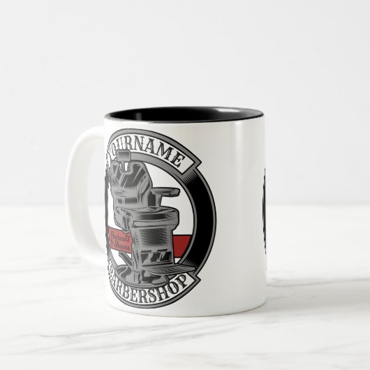 レトロパーソナライズされたバーバーショップ理容師チェアサロン ツートーンマグカップ (正面左)