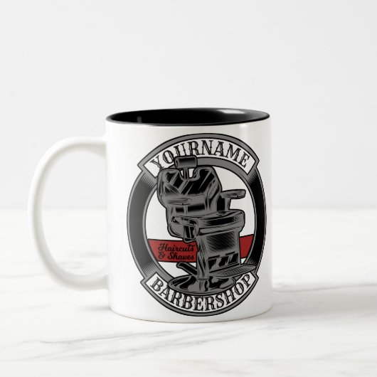 レトロパーソナライズされたバーバーショップ理容師チェアサロン ツートーンマグカップ (左)