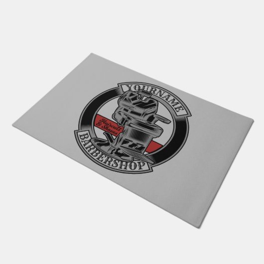 レトロパーソナライズされたバーバーショップ理容師チェアサロン ドアマット (アングル)