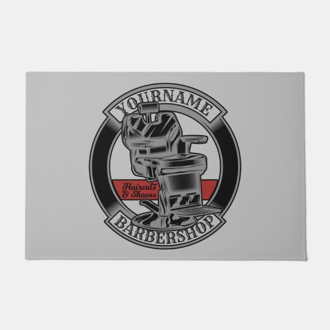 レトロパーソナライズされたバーバーショップ理容師チェアサロン ドアマット (正面)