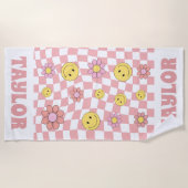 レトロパーソナライズされたビーチタオル名ハッピー顔 ビーチタオル (正面)