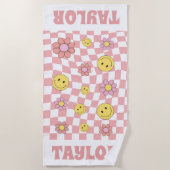 レトロパーソナライズされたビーチタオル名ハッピー顔 ビーチタオル (正面)
