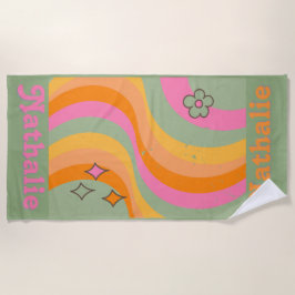 レトロパーソナライズされたビーチタオル名 – 緑 ビーチタオル