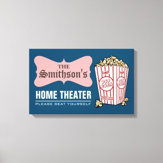 レトロパーソナライズされたファミリーネームホームシアター キャンバスプリント (正面)