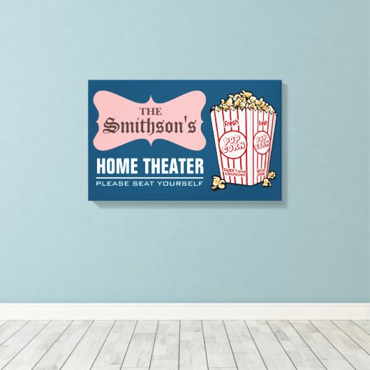レトロパーソナライズされたファミリーネームホームシアター キャンバスプリント (インサイチュ (ウッドフロア))