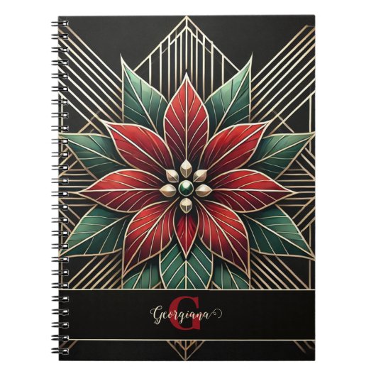 レトロパーソナライズされたフローラアールデコポインセチア ノートブック (正面)
