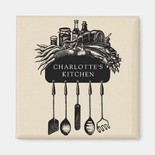 レトロパーソナライズされたブラッククリームキッチン マグネット (正面)