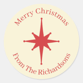 レトロパーソナライズされたミッドセンチュリークリスマスレッドスター ラウンドシール